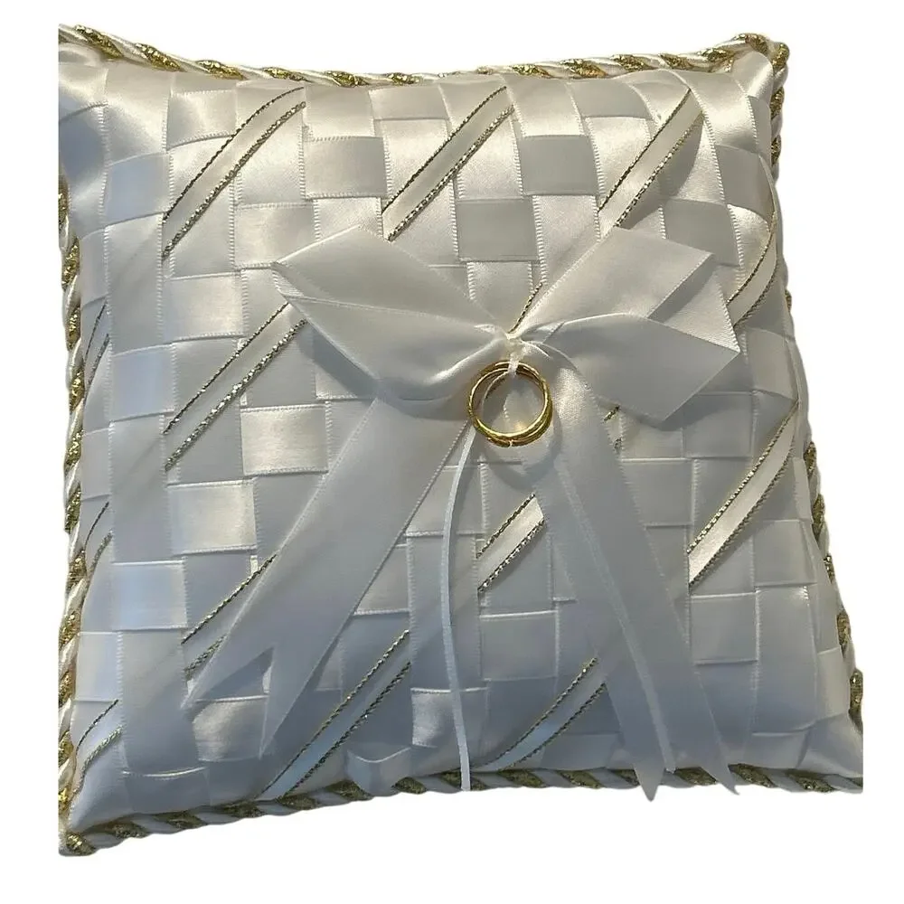 Vtg Wedding Ring Pillow Wht satin woven ribbons gold trim 90’s Early 2000’s NOS